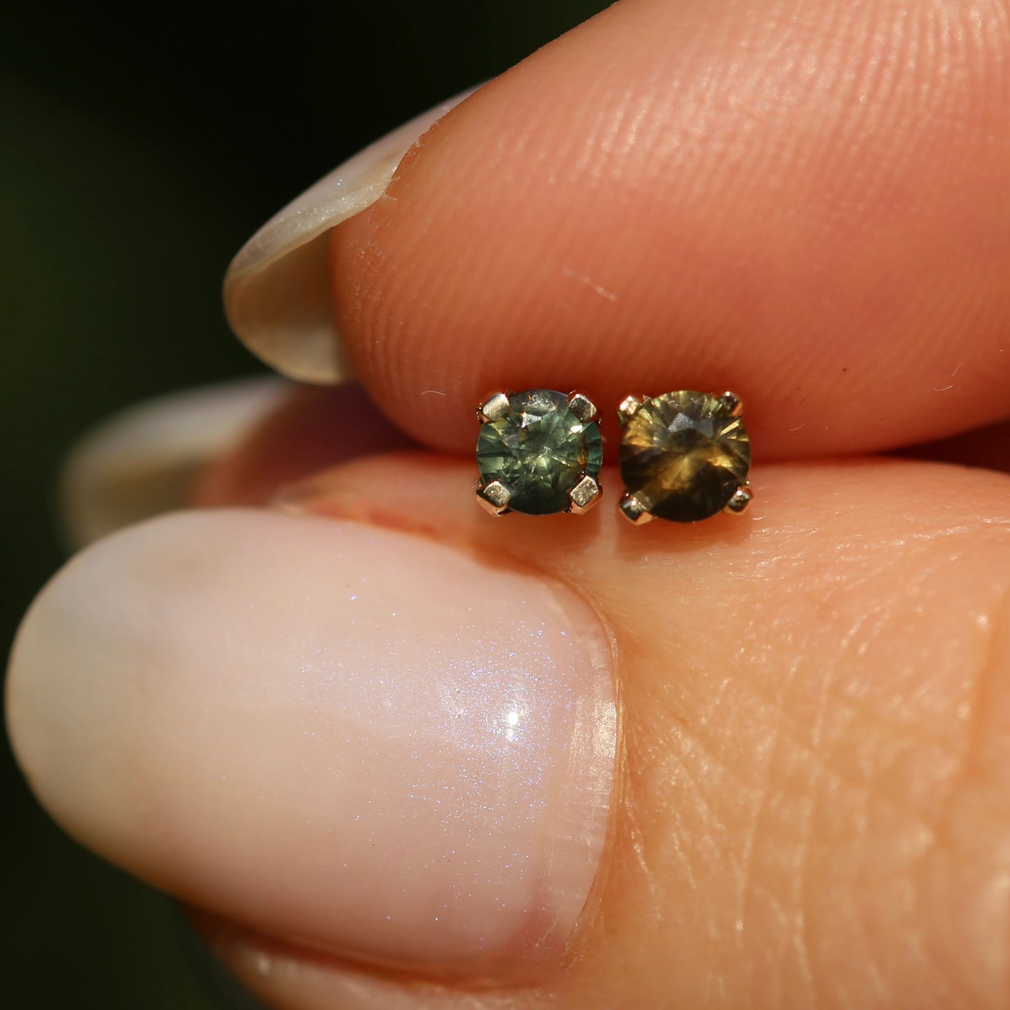 3.5mm Sapphire Stud Earrings, Green Brown, 4 claw 9ct Yellow Gold