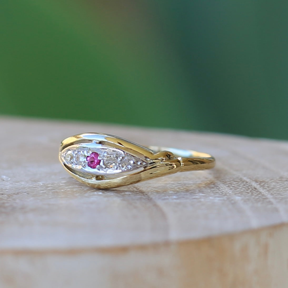 Antique Boat Ring with Four Old Cut Diamonds and an Old Cut Pink Topaz, 18ct Yellow and White Gold, size 7 or N1/2