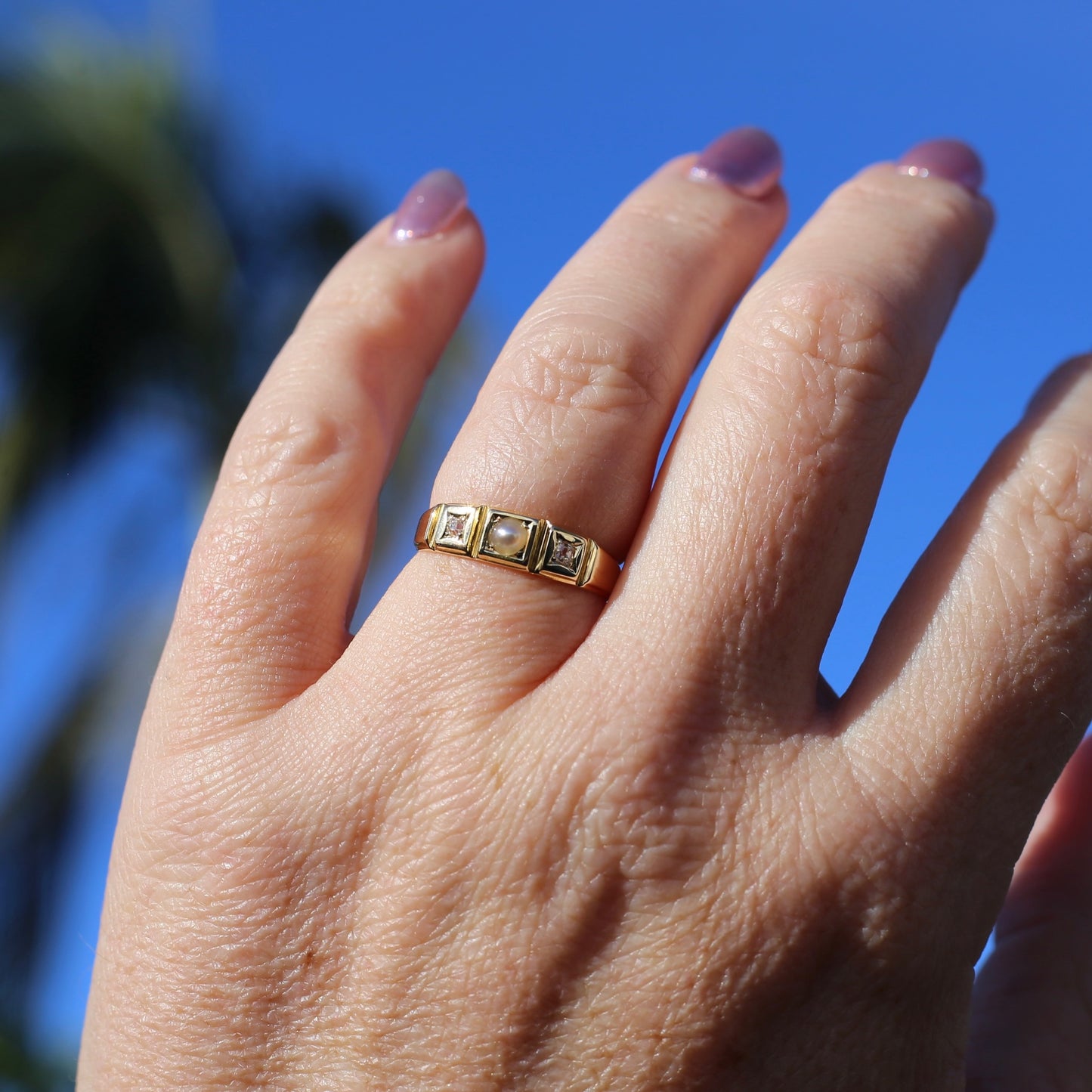 Antique Pearl and Old Cut Diamond Set Trilogy Ring, 18ct Yellow Gold, size N1/2 or 7