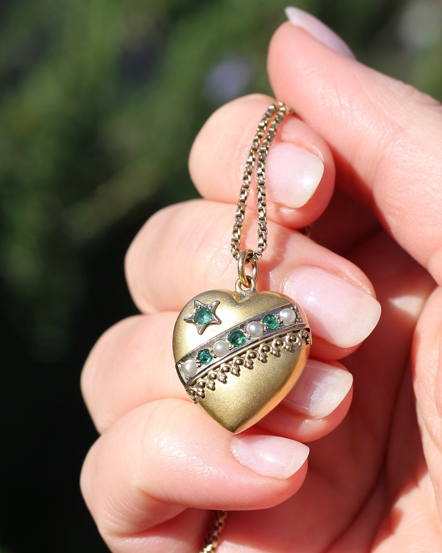 Early Australian Aronson & Co Puffy Heart set Pendant with Pearl and Green Gems, 9ct Yellow Gold, 2.59g