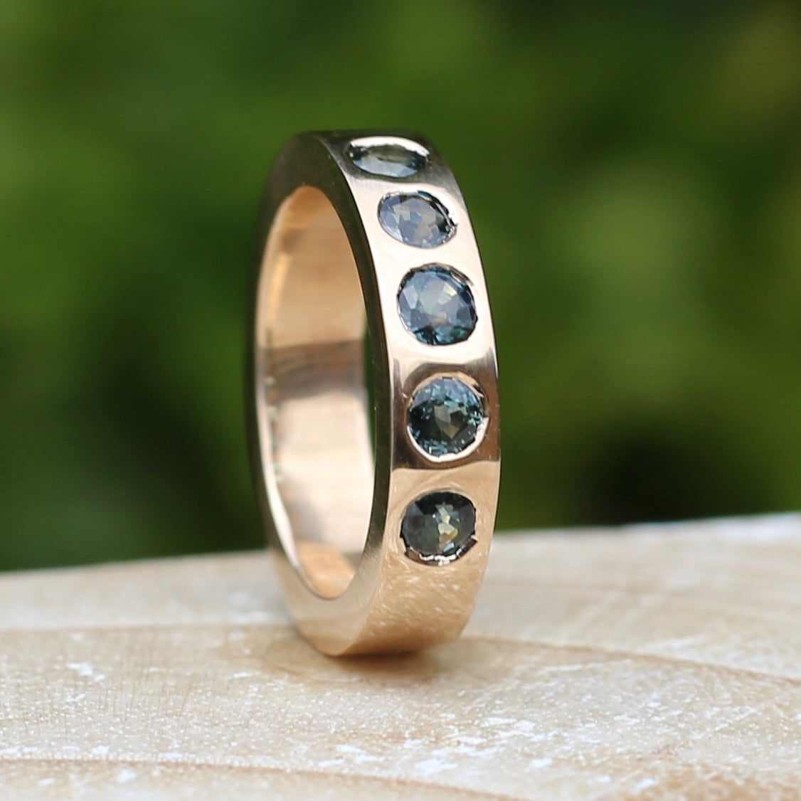 Custom Reclaimed Gold Chunky 9ct Rings with 4mm Parti Sapphires