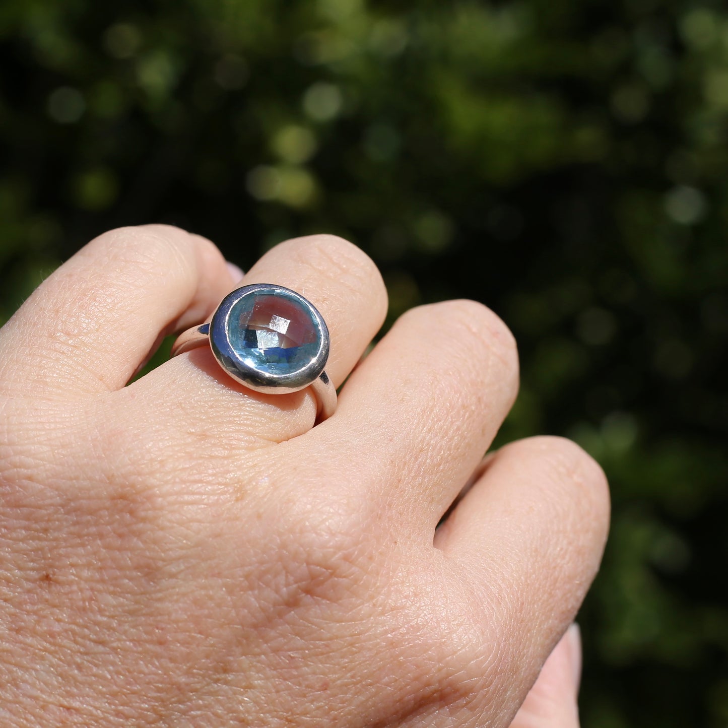 Bezel Set Harlequin Cut Blue Topaz Ring, Sterling Silver, size O or 7.25 (fits bigger)