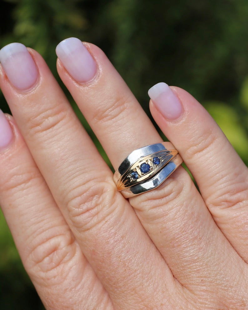 Mixed Metal Wide Band Featuring 3 Rubyvale Sapphires Mined in 1992, Sterling Silver and 14ct Yellow Gold, size O or just over 7 (fits more like an M1/2 or N), 6.81g