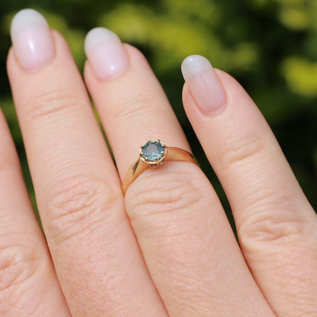 Seafoam Sapphire Solitaire in 8 Claw Setting, 9ct Yellow Gold, size L or just under 5.5