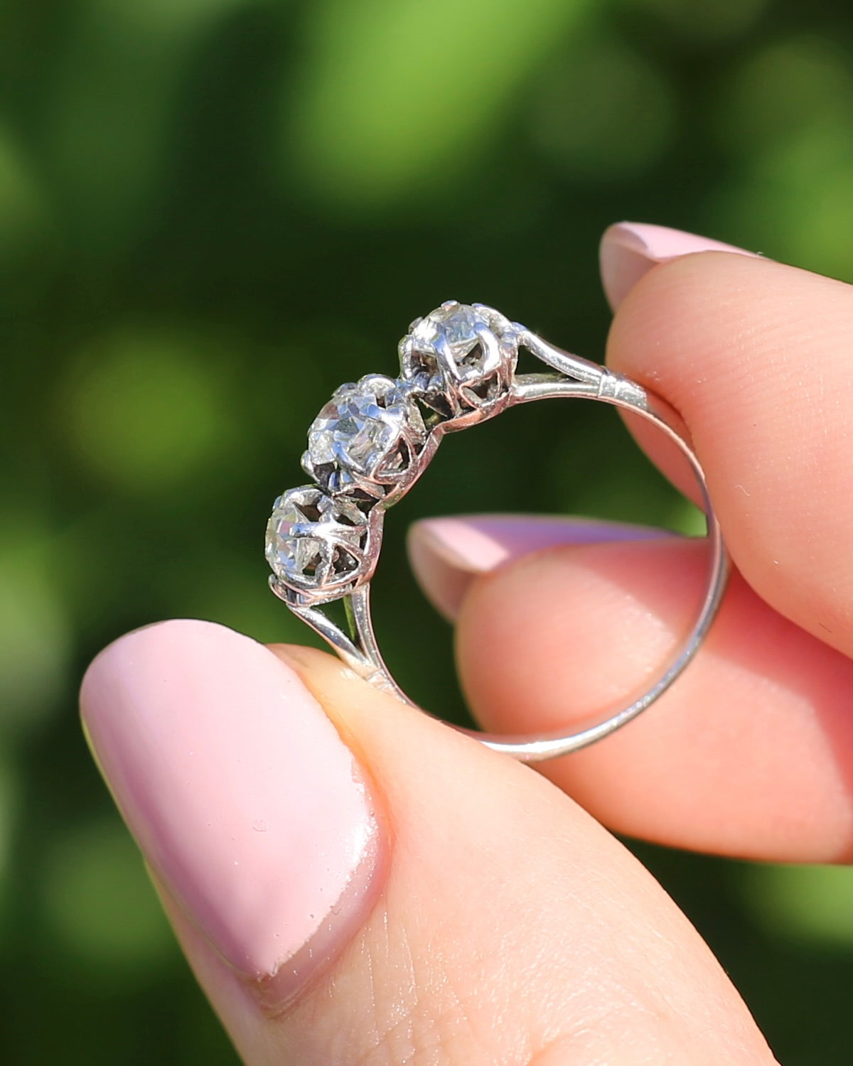 Circa 1930s Transitional Cut Diamond Trilogy with Kozibe Effect, Platinum, size L or 5.75, 2.68g, with valuation