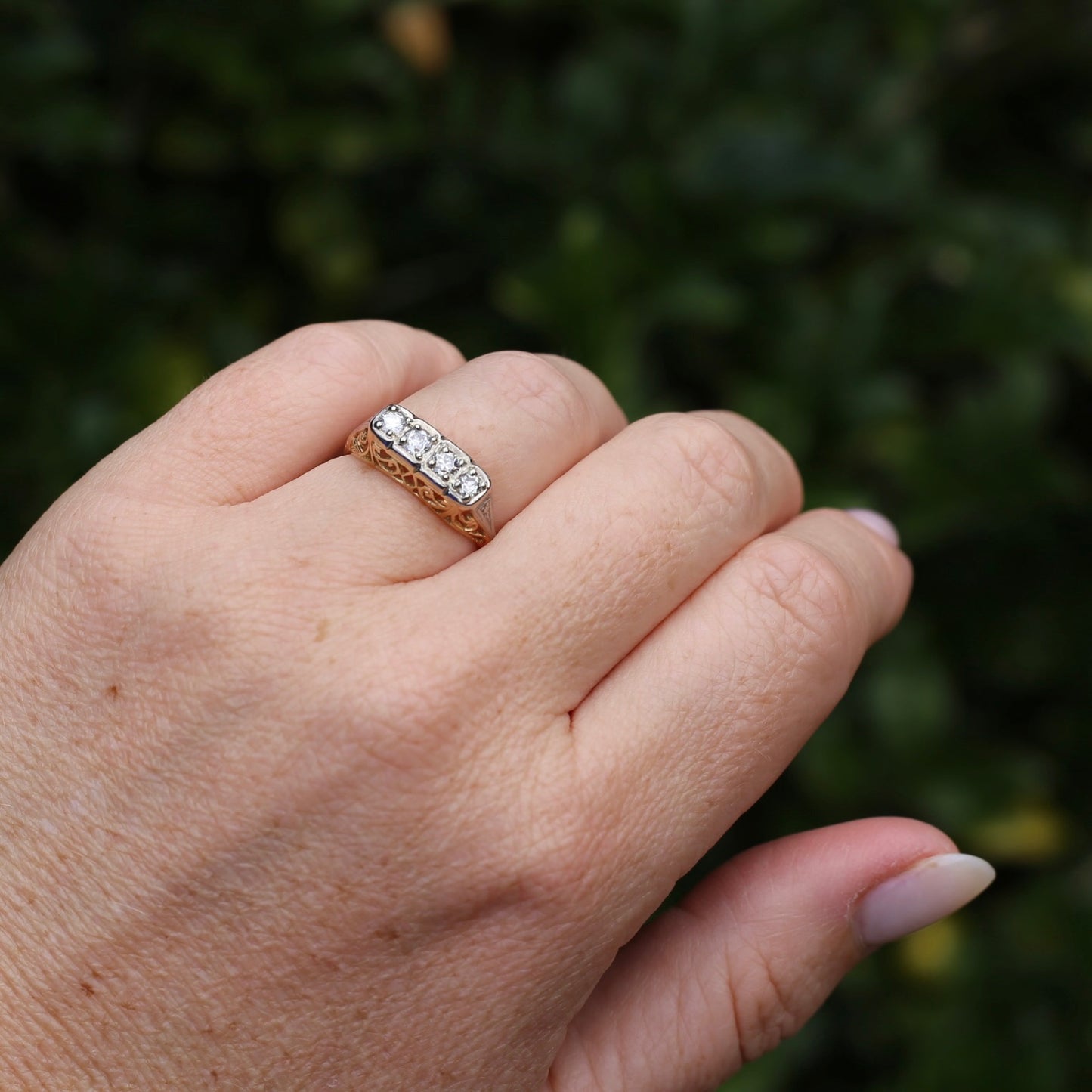 Circa 1915 4 Stone Transitional Cut Diamond Mixed Metal Ring, 18ct Yellow & White Gold, size N1/2 or 7, with valuation