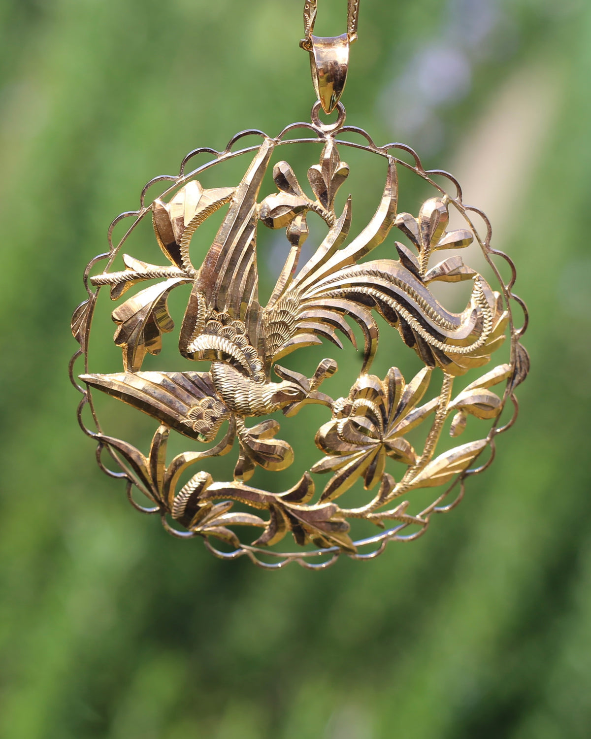 Vintage Chinese Fenghuang (Chinese Phoenix) and Floral Openwork Pendant and Chain, 22ct Gold, 24.34g combined