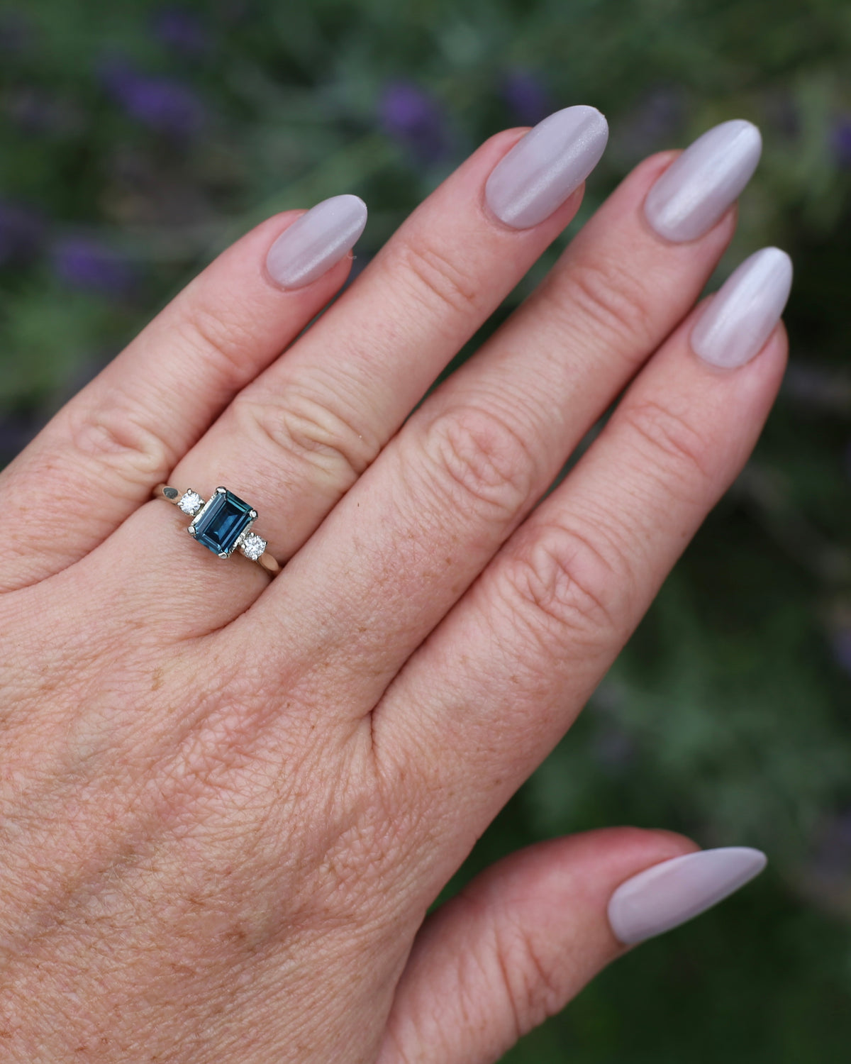 1.1ct Emerald Cut Natural Blue Teal Sapphire and Diamond Trilogy, 18ct White Gold and Platinum, size O or just over 7, 2.27g