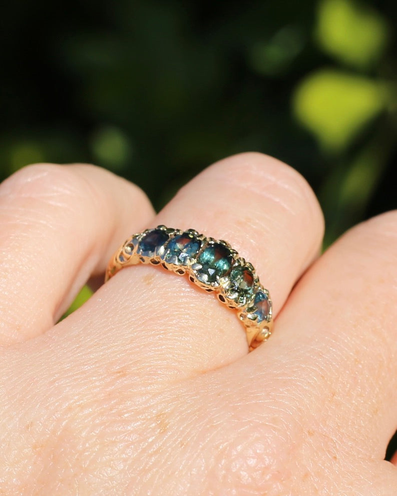 2.08ct Parti Sapphire Five Stone Ring,London Made 1989 9ct yellow Gold, size P1/2 or 8, 3.07g