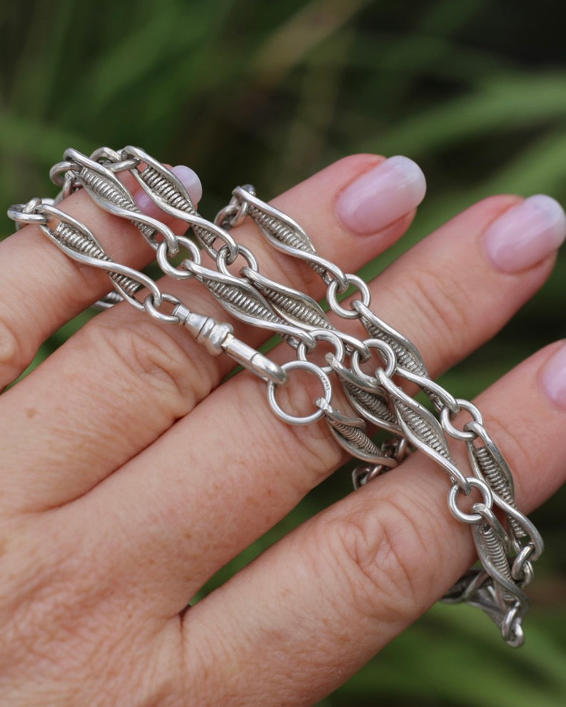 Vintage/ Vintique Fancy Link Single Swivel Albert Clasp Chain, Sterling Silver, 52cm or 20.5 inches, 30.0g