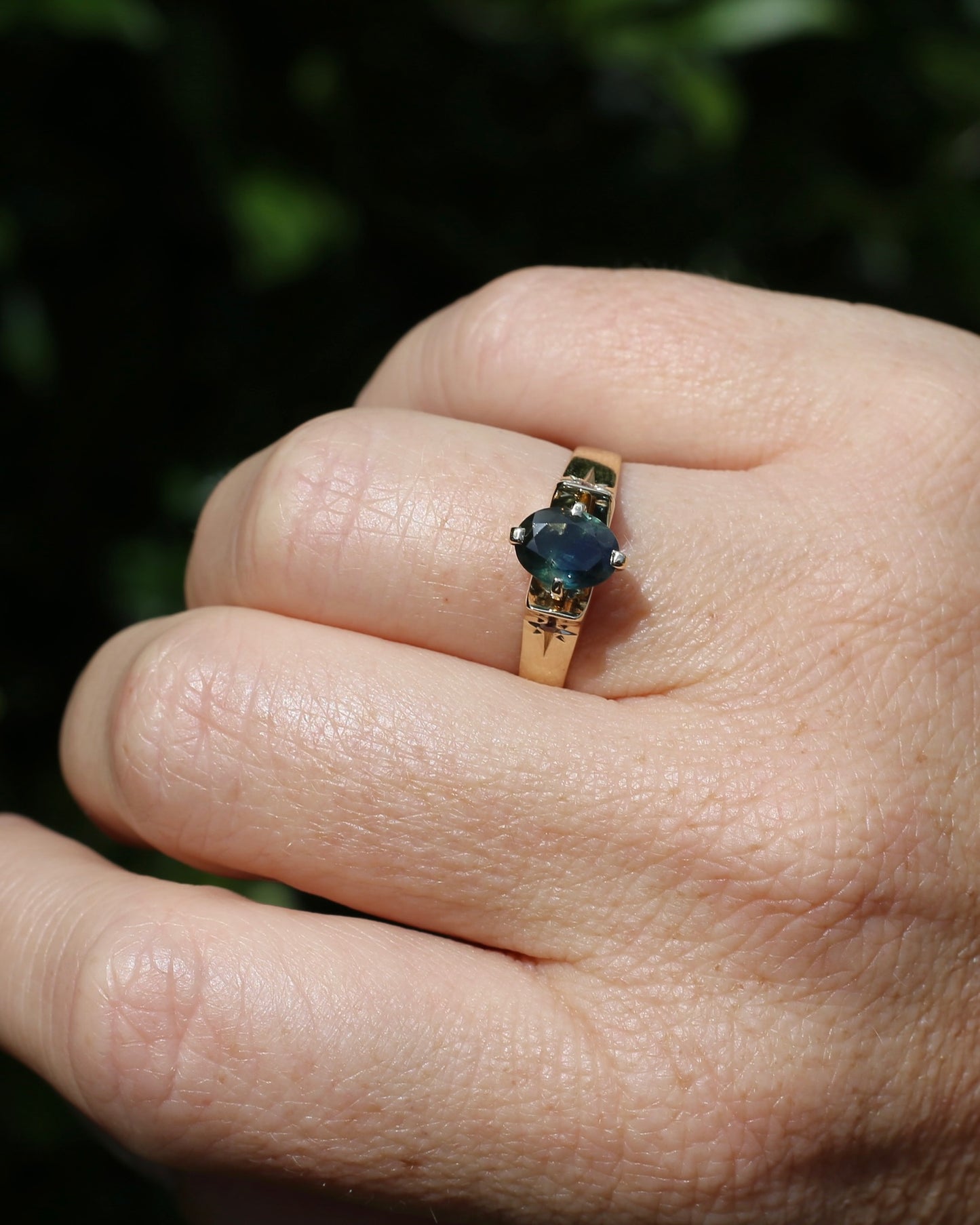 Circa 1970s 1.2ct Oval Australian Parti Sapphire Ring with Star Set Diamond Side Stones, 9ct Yellow Gold, size R1/2 or 8.75, 3.28g