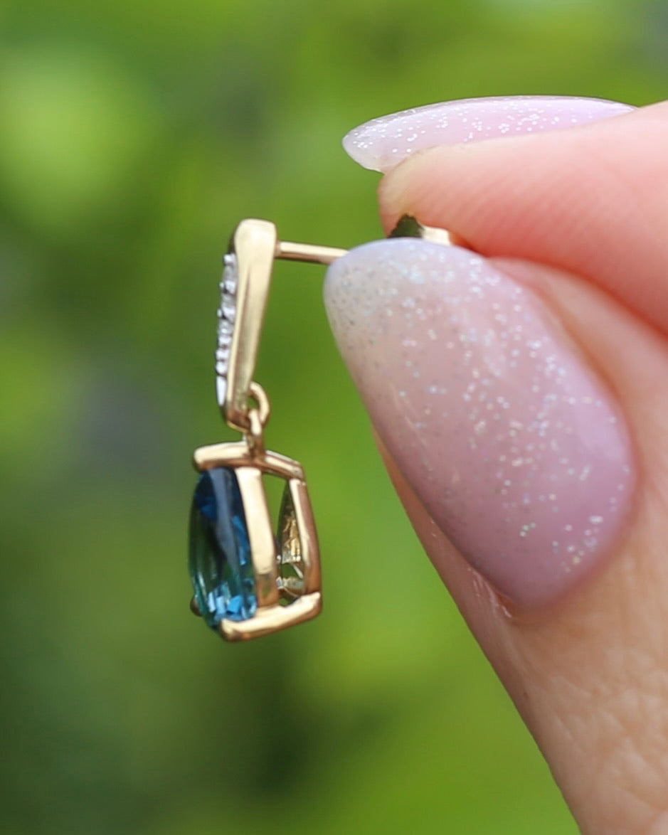Pear Cut London Blue Topaz Earrings on Illusion Diamond Set Stud Posts, 9ct Yellow Gold, 14ct YG butterflies, 1.87g