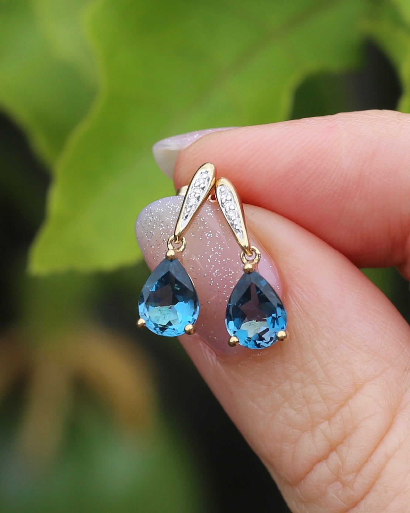 Pear Cut London Blue Topaz Earrings on Illusion Diamond Set Stud Posts, 9ct Yellow Gold, 14ct YG butterflies, 1.87g