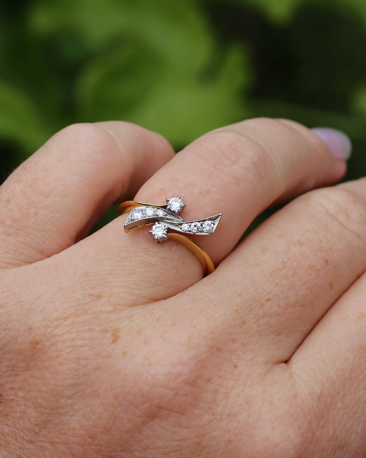 Antique Circa 1910 "Belle Epoque Toi et Moi" Asymmetric Diamond Bow Ring, 18ct Yellow Gold and Platinum, size L1/2 or 6, 3.62g