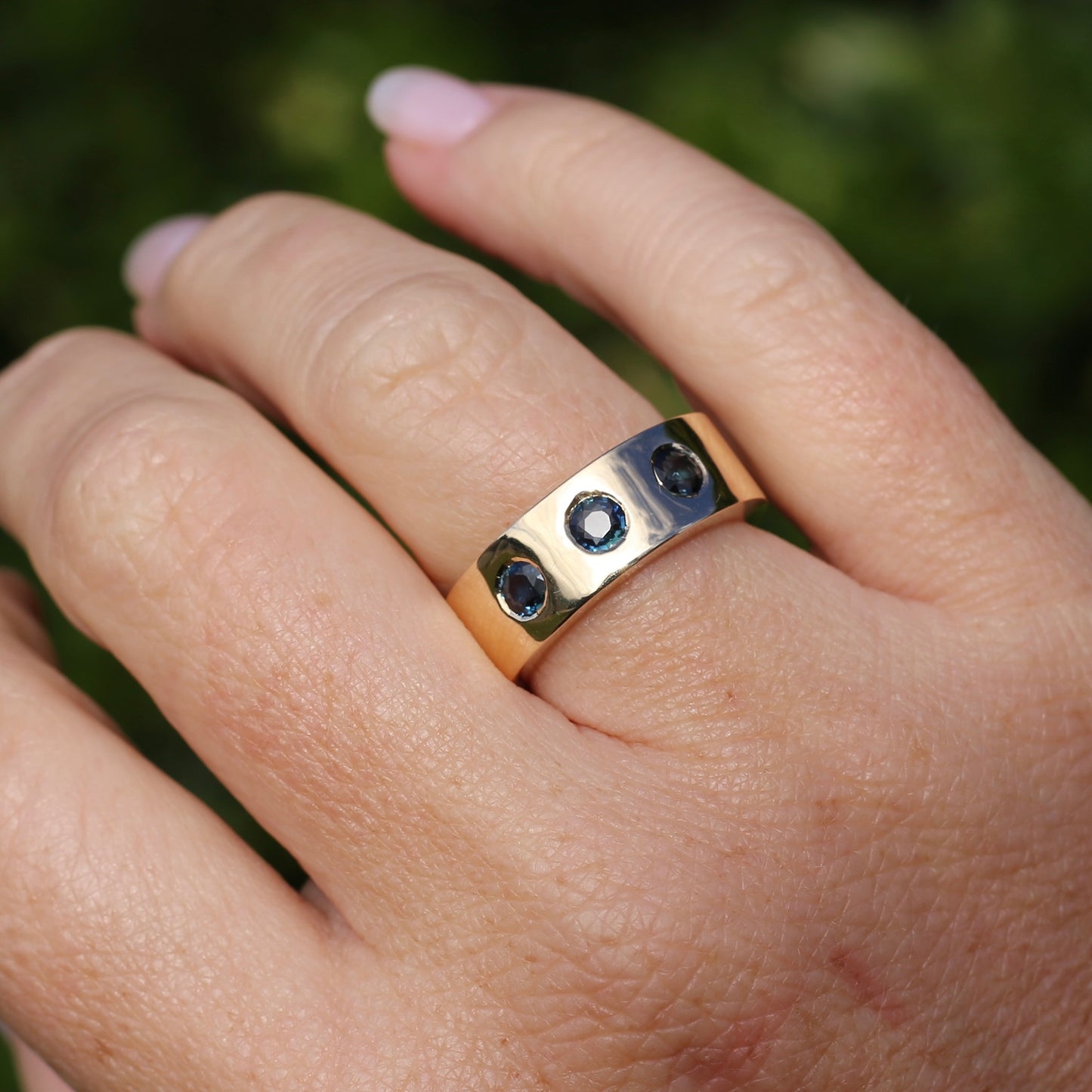 Custom Reclaimed Gold Chunky 9ct Rings with 4mm Parti Sapphires