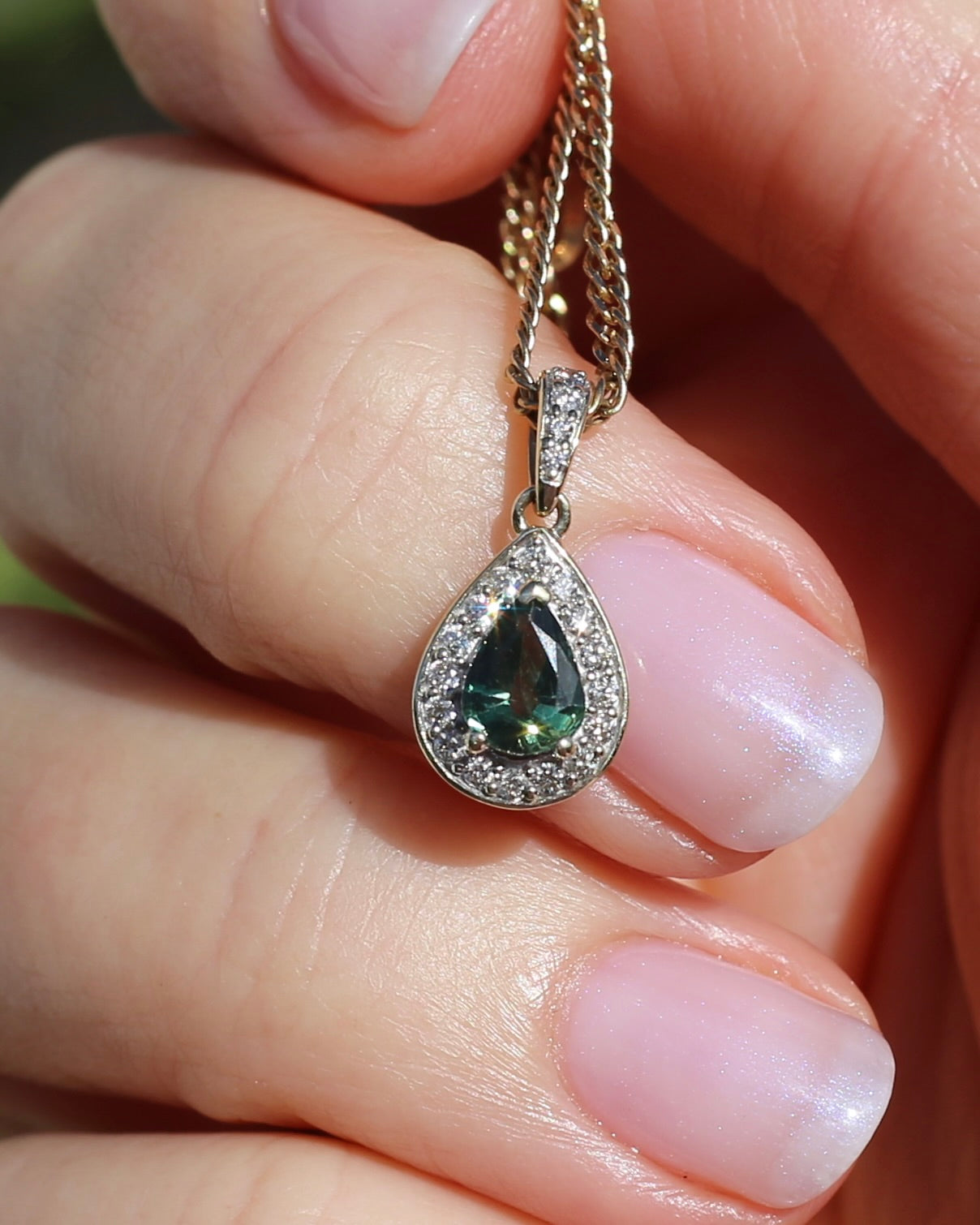 0.75ct Natural Green Parti and Natural Diamond Halo Pendant, 9ct Yellow Gold, 0.86g