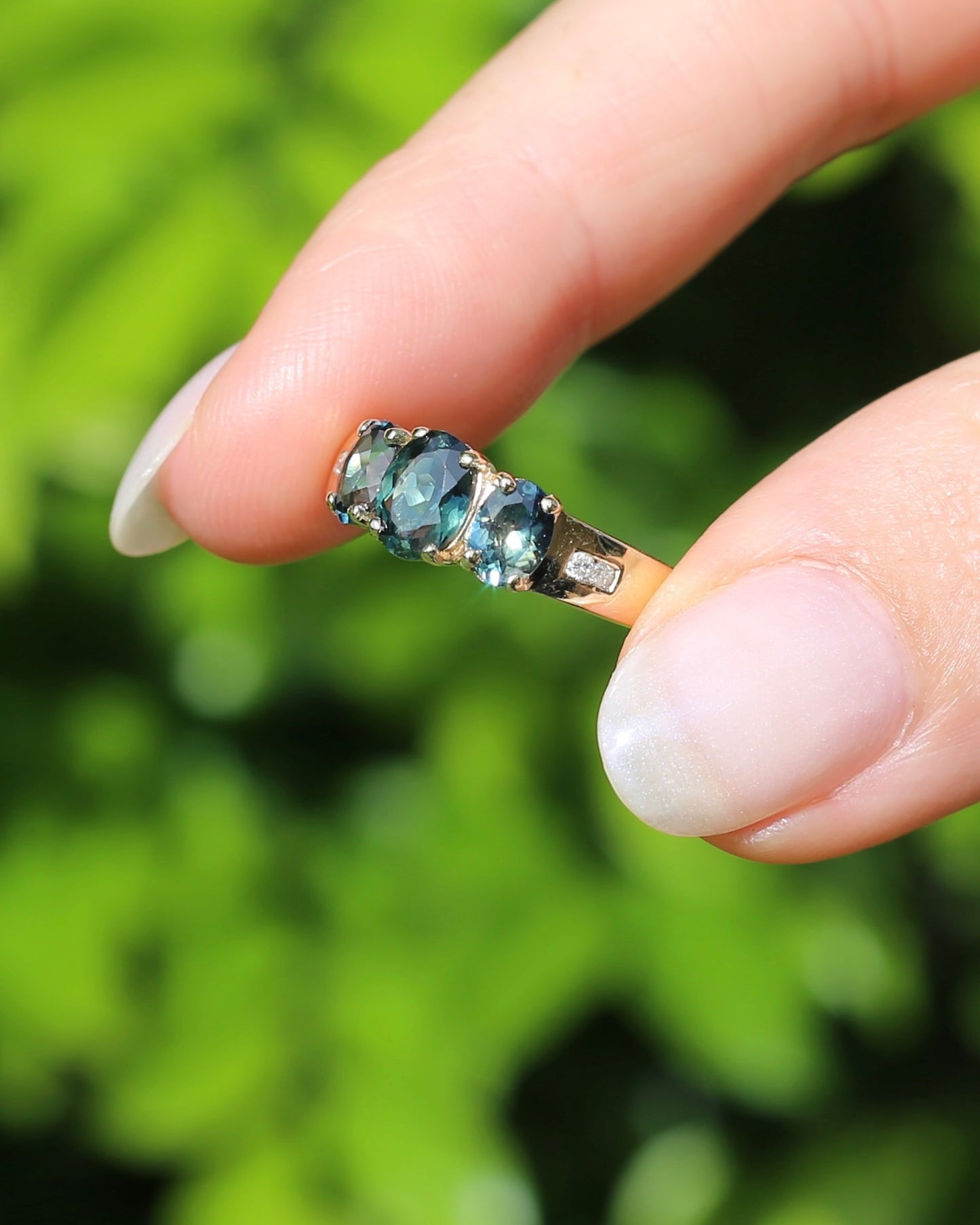 2.1ct Parti Sapphire Trilogy with Channel Set Diamonds, in Vintage 9ct Yellow Gold Ring, size O or 7.25