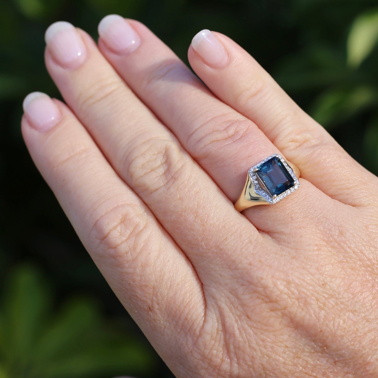 Emerald Cut London Blue Topaz Signet Ring With Diamond Halo, size N or 6.75