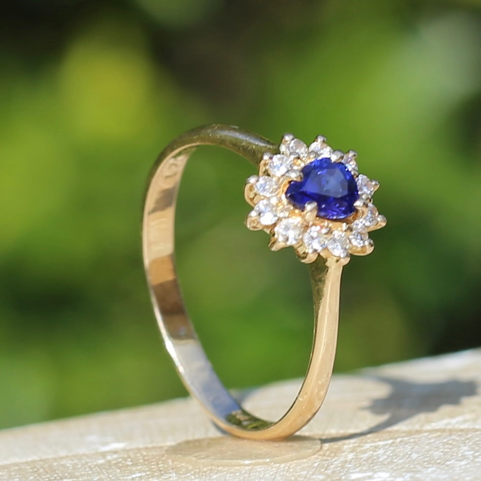 Pear Shaped Sapphire with Halo, 14ct and 18ct Yellow Gold, size 7 or just under O