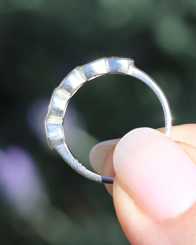 Five Stone Bezel Set Amethyst Silver Ring, Sterling Silver, size O or 7.25, 3.41g