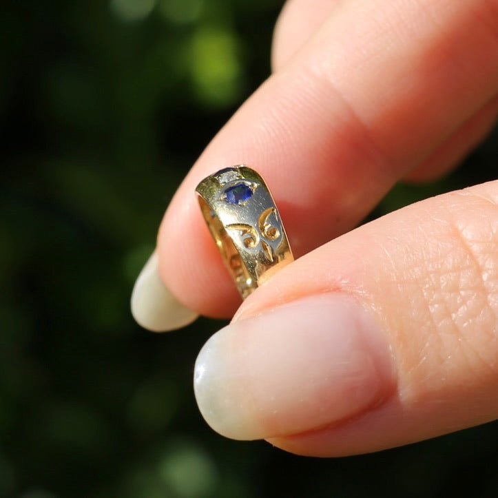 1897 Old Cut Sapphire and Diamond Five Stone Ring, 18ct Yellow Gold, size O or 7.25