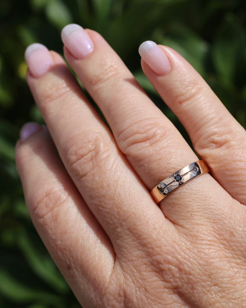 Black and Champagne Set Diamond Band, 9ct Rose Gold, size 8.5 or just over Q1/2 - fits more like a Q or just under 8.25, 3.0g