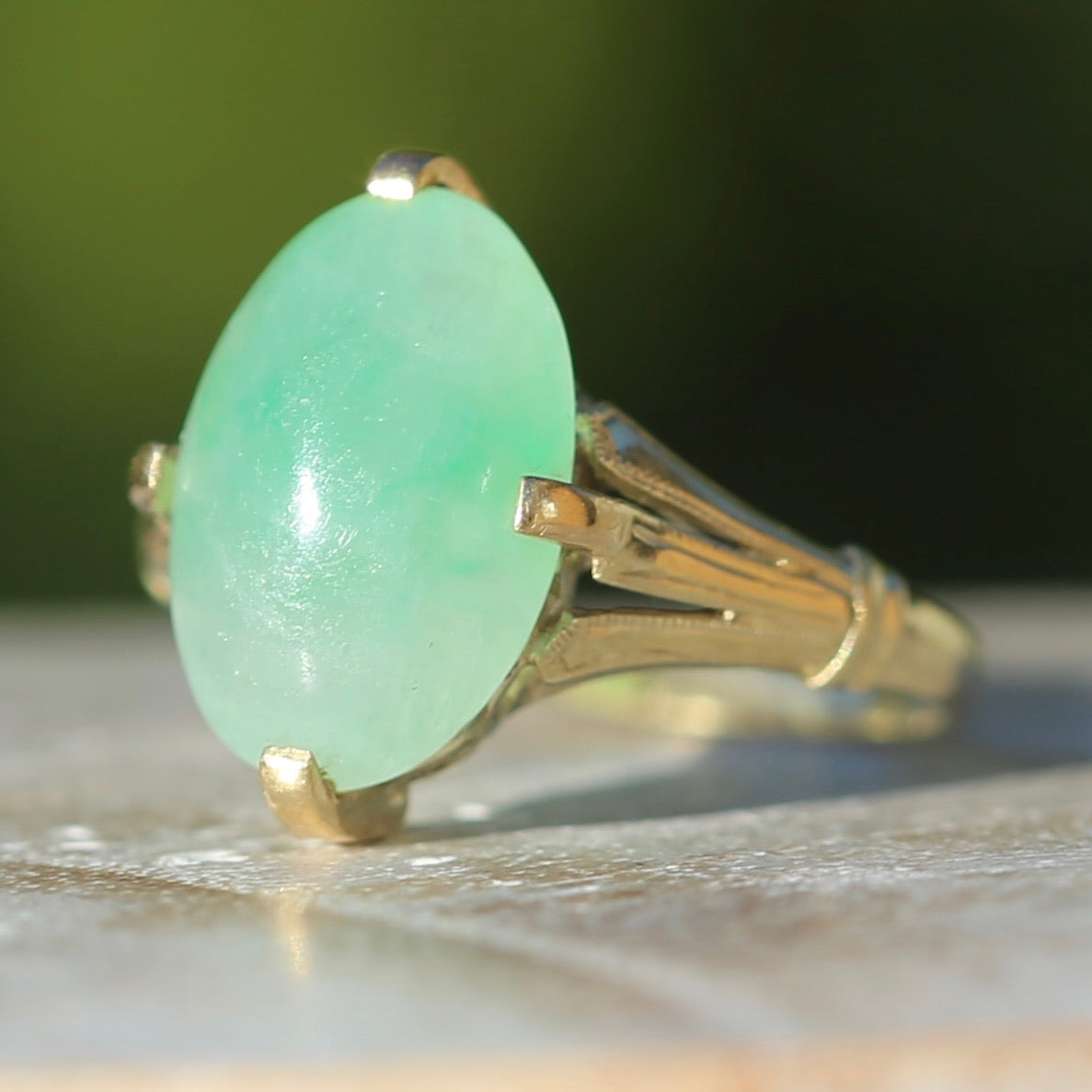 Apple Green Oval Jade Cabochon, 14ct Yellow Gold Claws with Fab Shoulders, size 5.5 or K1/2