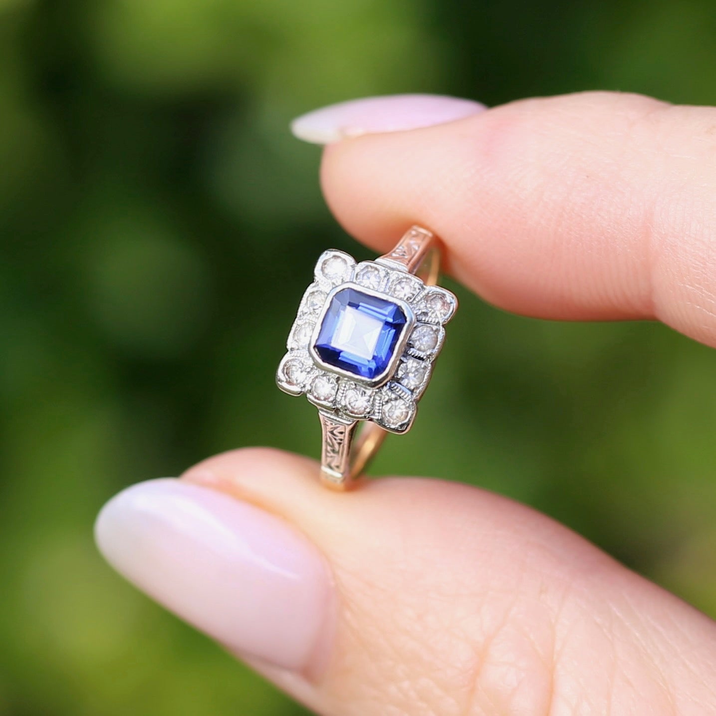 1930s Mixed Metal, Sapphire and White Spinel Halo Ring, 9ct Yellow and White Gold, size J1/2 or 5