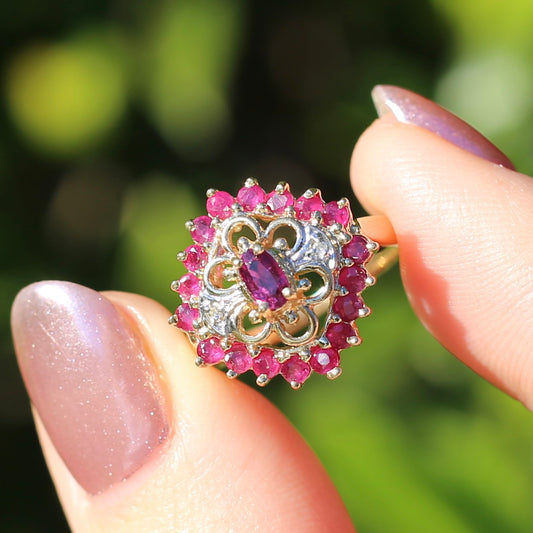 Ruby and Diamond Filigree 14ct Yellow Gold Ring, size M or just under 6.5