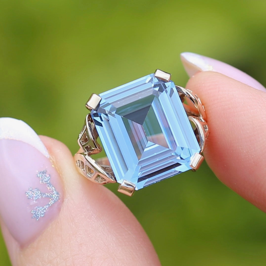 Mid Century Emerald Cut Blue Spinel Cocktail Ring, size N1/2 or 6.75