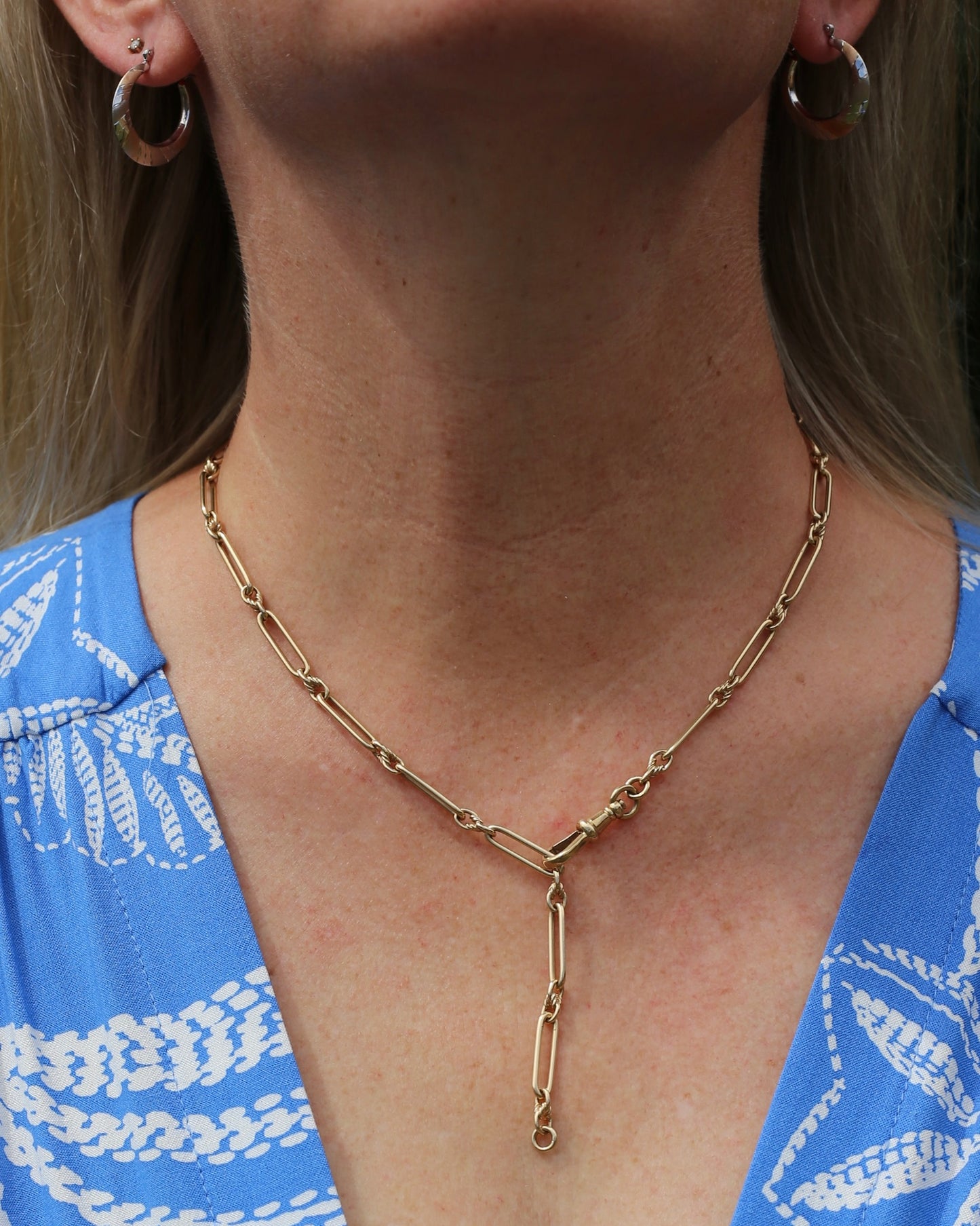 Vintique Trombone and Love Link Chain Single Albert Clasp, 9ct Gold, 51cm or 20 inches, 22.5g