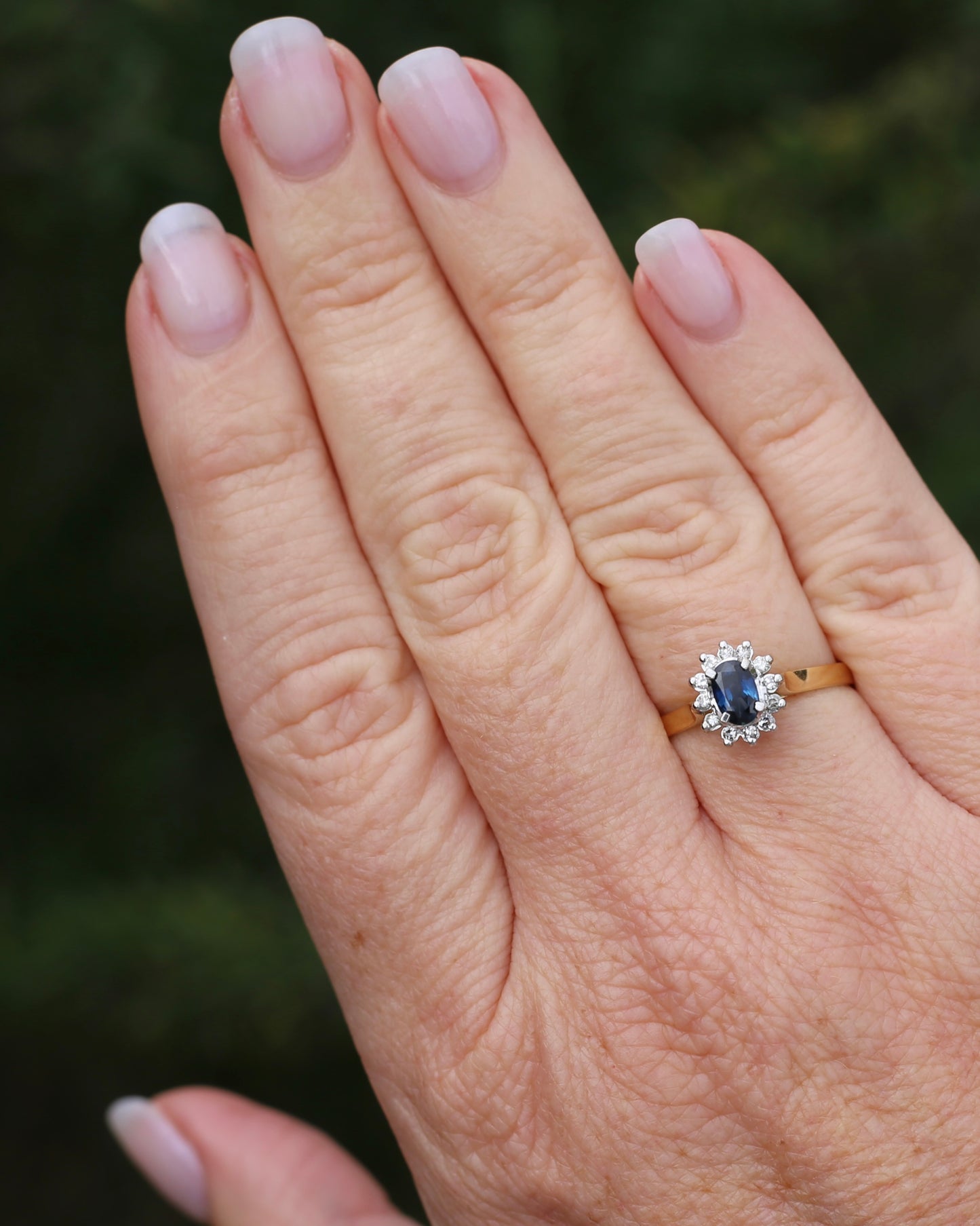 Natural Sapphire and Diamond Halo, 18ct White and Yellow Gold, size R or just over 8.5, 3,15g