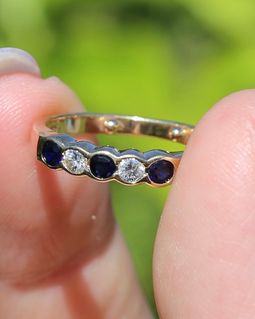 Second Glance - Five Stone Sapphire and Diamond Semi Bezel Ring, 9ct Yellow Gold, approx size N or 6.75 with Arthritis Balls, 2.42g