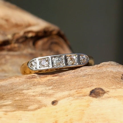 1930s Old Cut 5 Stone Diamond Ring, Platinum and 18ct Yellow Gold, size L or 5.75