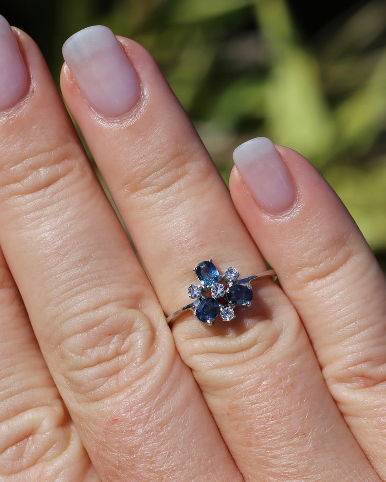 Vintage Parti Sapphire and White Quartz Cluster Ring, 9ct White Gold, size M or just over 6, 1.7g