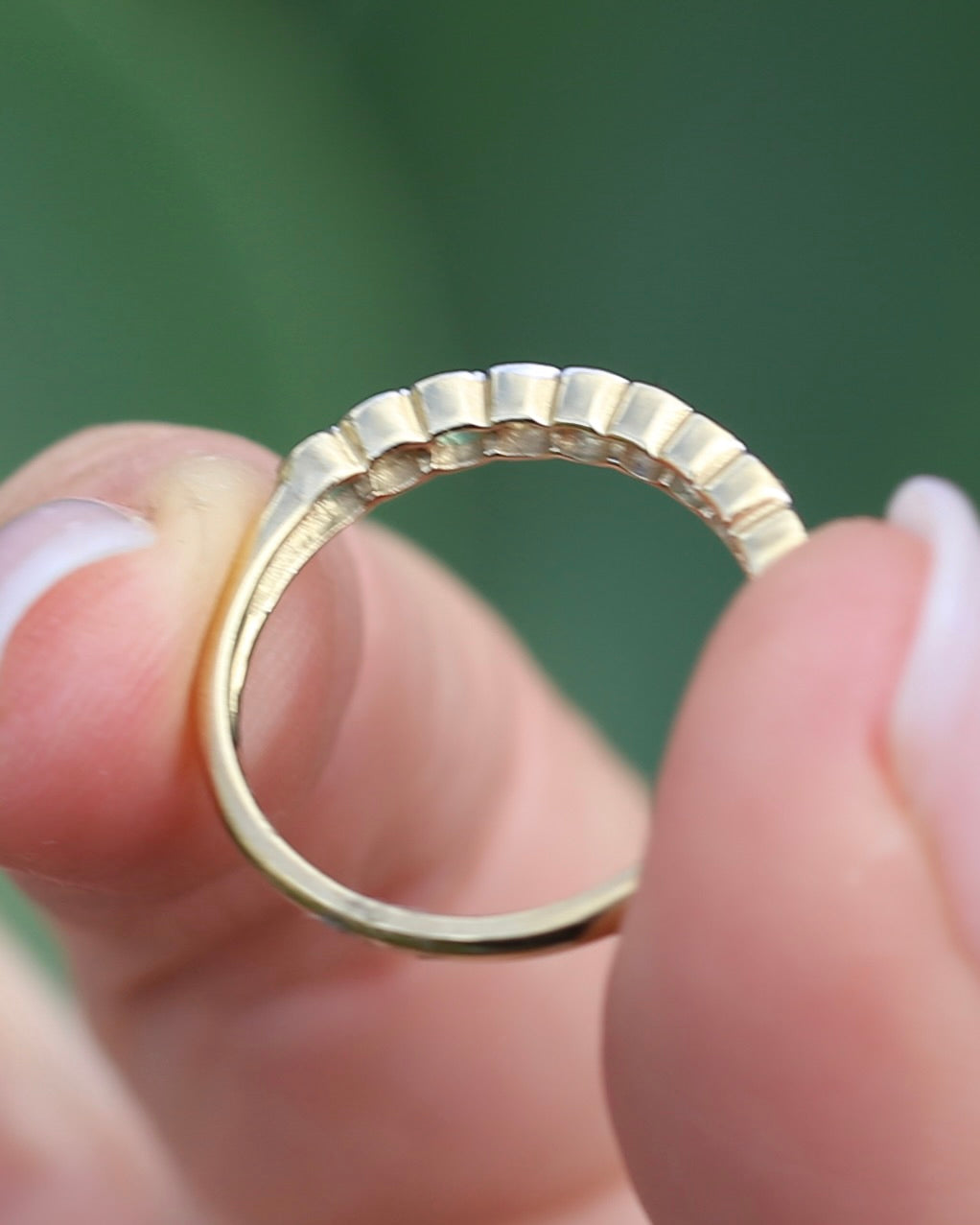 Natural Emerald and Diamond Half Hoop, 9ct Yellow and White Gold, size O or 7.25, 1.76g