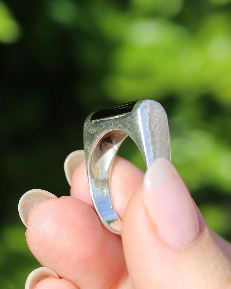 Curved Onyx and Silver Ring, Sterling Silver, Size V1/2 or 10.75, 8.4g