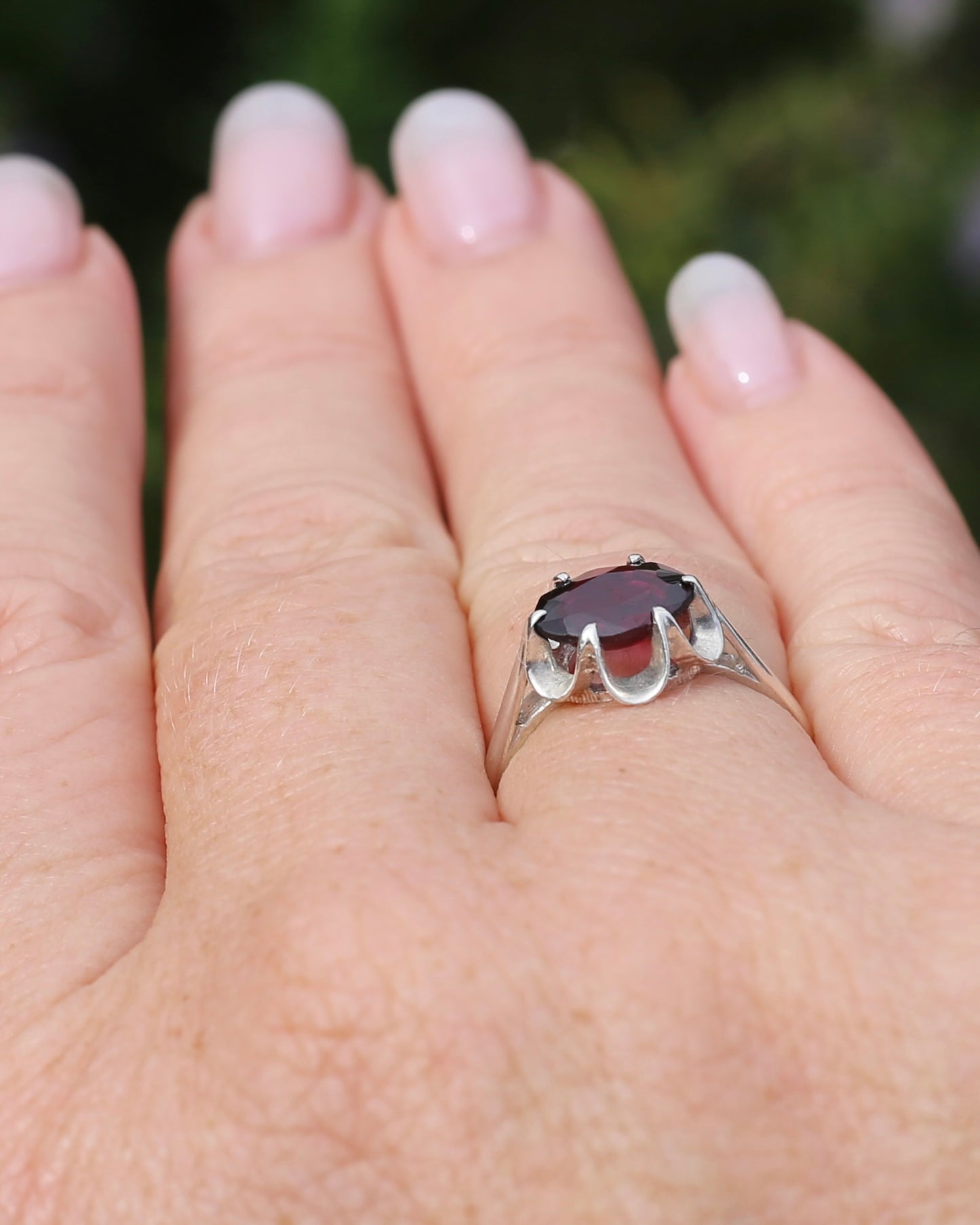 On HOLD Vintique Rhodolite Garnet Belcher Ring, Sterling Silver, size O1/2 or 7.5, 2.44g