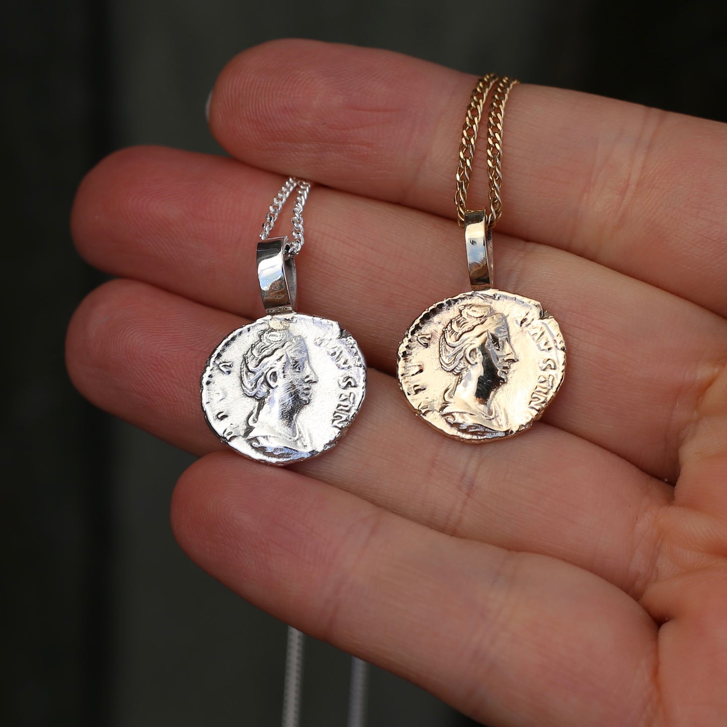 Faustina the Elder Coin Pendant,Cast From a 141-161AD Silver Denarius, avail in  Silver and Gold