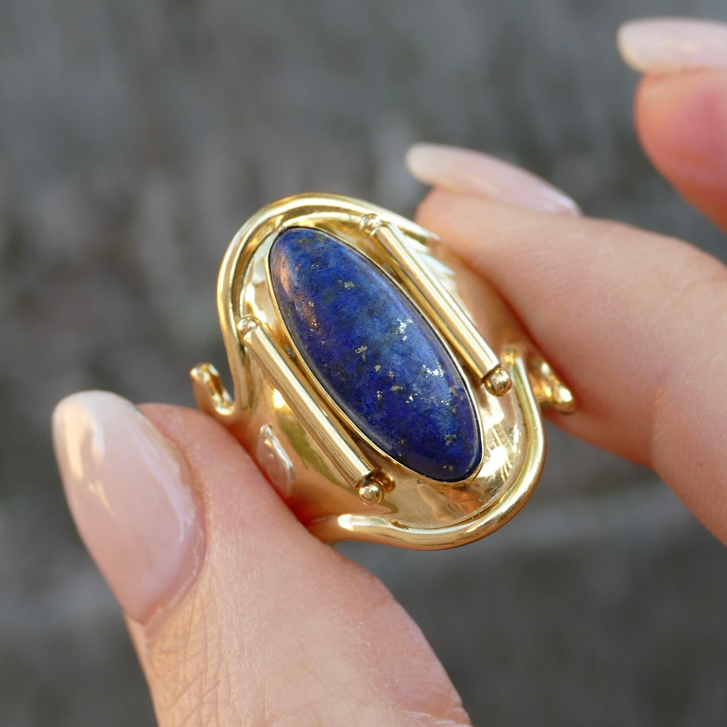 18ct Gold and Lapis Lazuli Cabochon Cuff Ring, size O but sizeable