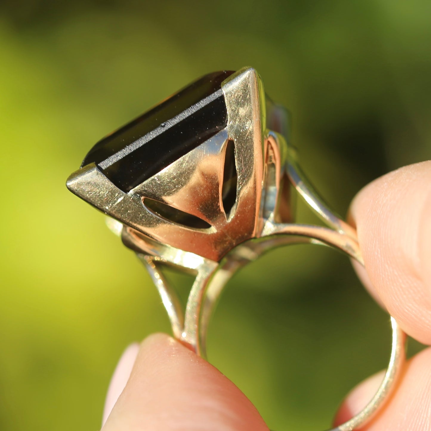 Mid Century 36ct Princess Cut Smoky Quartz Cocktail Ring, 9ct Yellow Gold, size N1/2 or 6.75