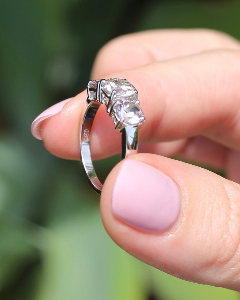 3.7ct Pale Pink Australian Zircon Trilogy Ring, 10ct and 18ct White Gold, size O or just over 7, 3.72g