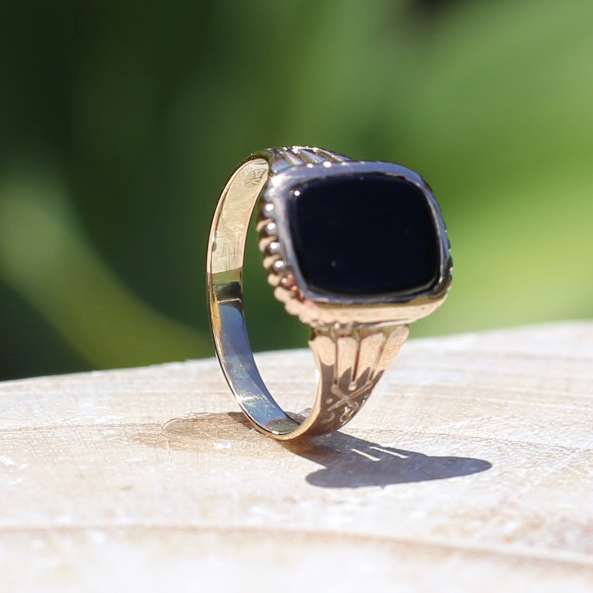 Vintique Onyx Signet Ring with Engraved Shoulders, 9ct Rosey Gold, size K1/2 or 5.5