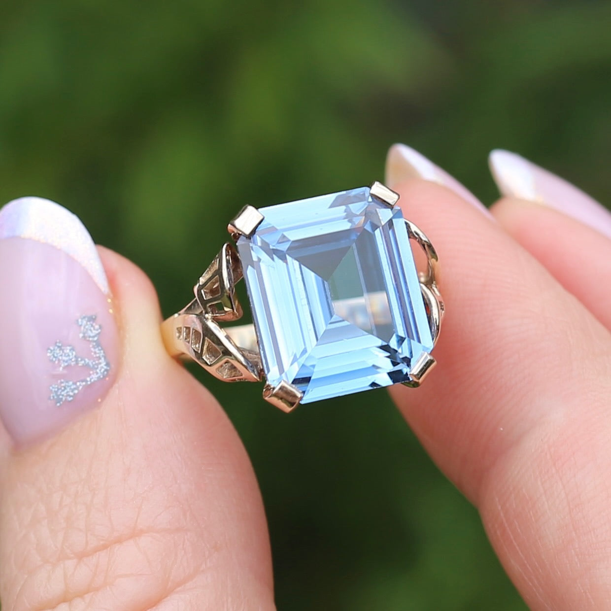 Mid Century Emerald Cut Blue Spinel Cocktail Ring, size N1/2 or 6.75