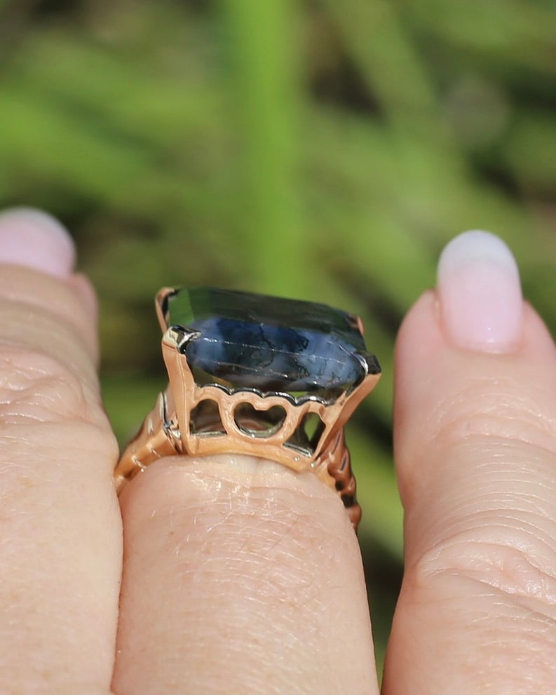 1963 London Made 14.5ct Moss Agate Cocktail Ring, 9ct Yellow Gold, size M or 6.25, 6.75g