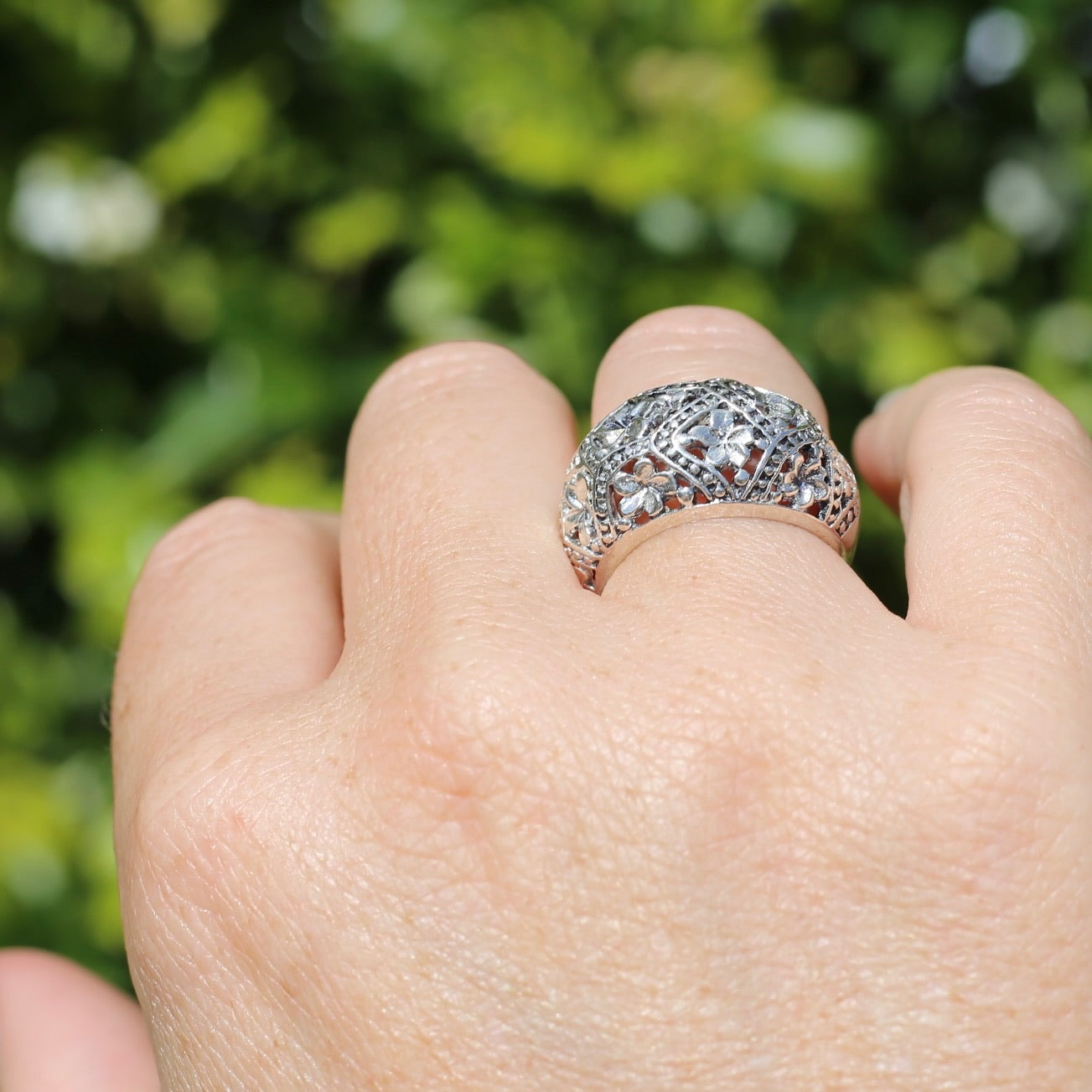 Rustic Silver Dome Frangipani Ring, Silver, size O or 7.25