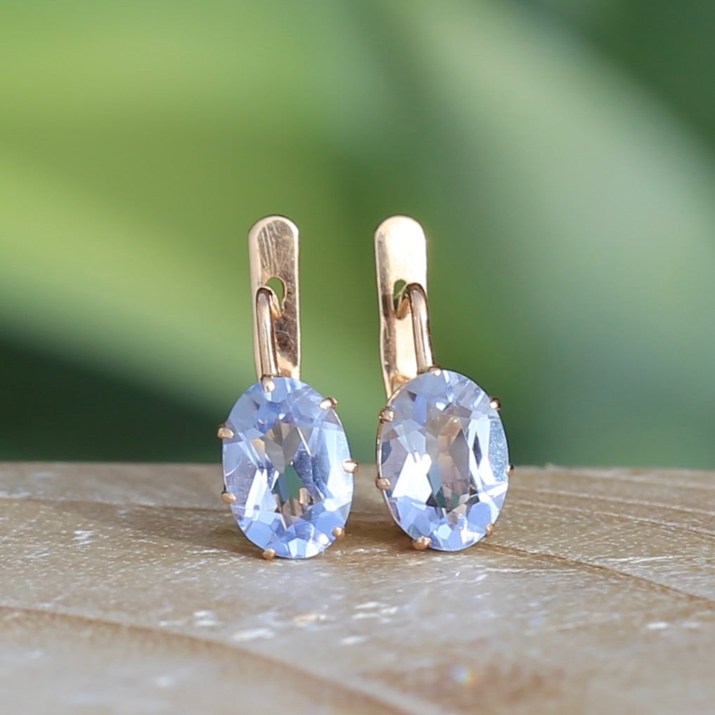 Vintage Russian Pale Lilac Blue Spinel Earrings with Lever Backs, 14ct Rosey Gold, 3.03g