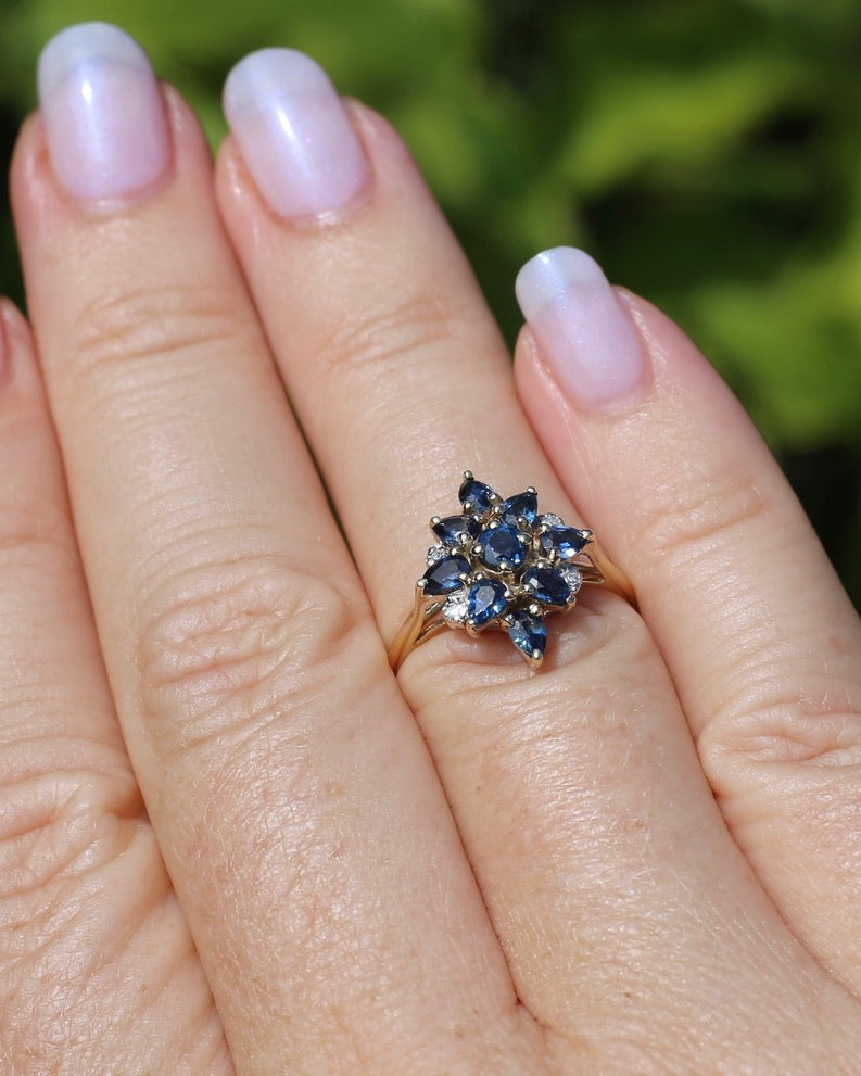 Vintage Blue Sapphire and Diamond Cluster Ring, 9ct Yellow Gold, size N or 6.75, 2.34g