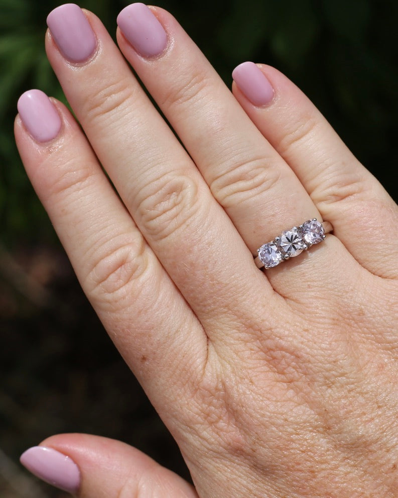 3.7ct Pale Pink Australian Zircon Trilogy Ring, 10ct and 18ct White Gold, size O or just over 7, 3.72g