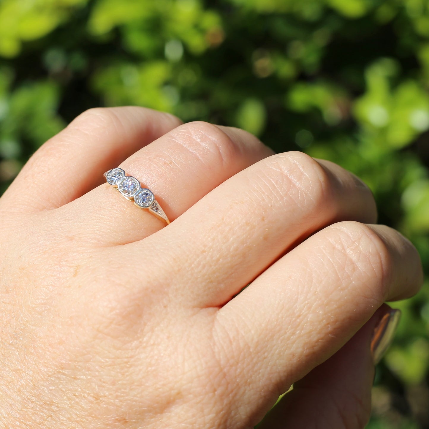 1930s Old and Transitional Cut Diamond Trilogy, 18ct Yellow and White Gold, size N or 6.75